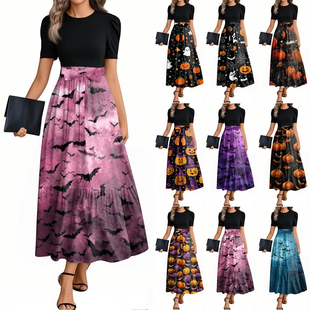 Women's Fashion Casual Belted Short Sleeve Round Neck Halloween Print Elegant Dress