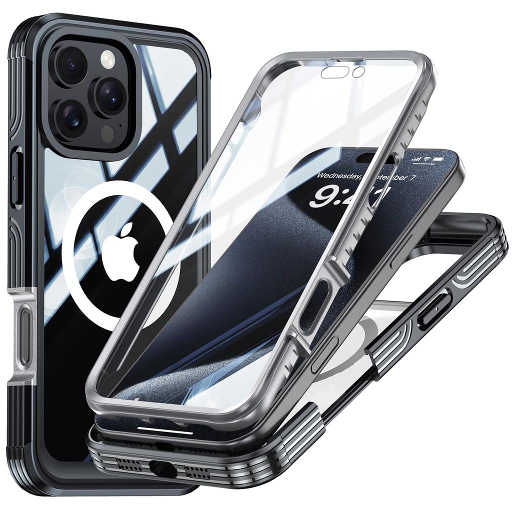 For iPhone 16 Pro Max Magnetic Case PC+TPU Shockproof Phone Cover with Screen Film