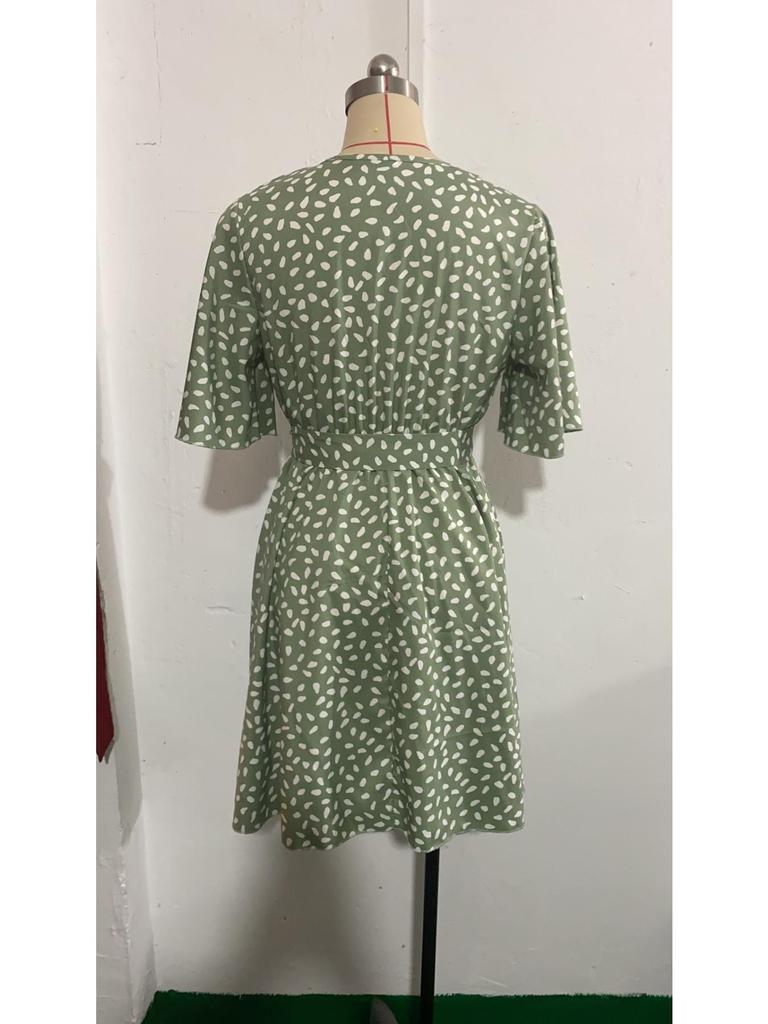 V Neck Printingt Dress Waist Hugging Dress Elegant Short Sleeve Dresses Causal Women Dress
