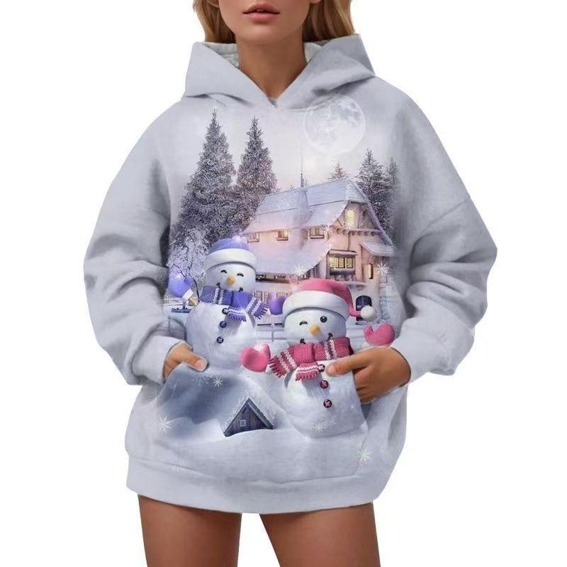 Women's 3D Digital Printed Hooded Sweater Christmas Elk Casual Fashion Hoodie