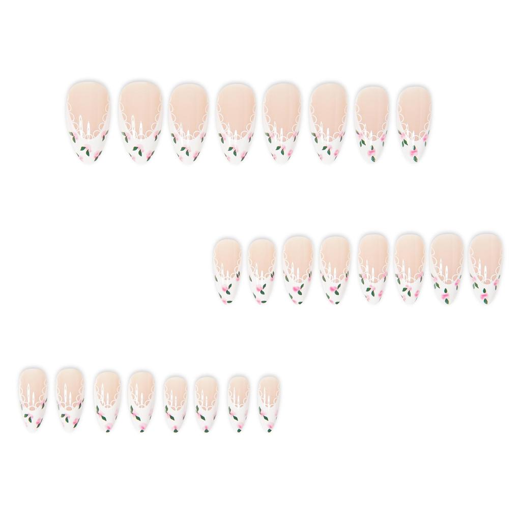 Simple White French Nail Tips with Leaves and Flowers Design, 24-Piece Wearable Set, European and American Style