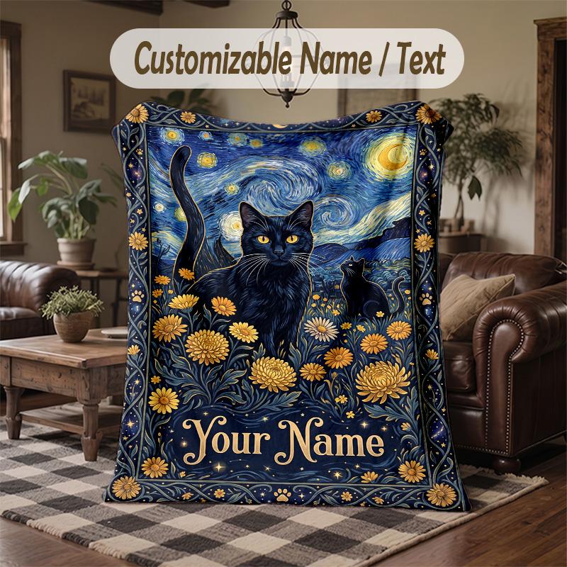 Black Cat Music Poster Theme Throw Blanket Custom Name Text Personalized Blanket Soft Cozy Blanket for Home Sofa Bed