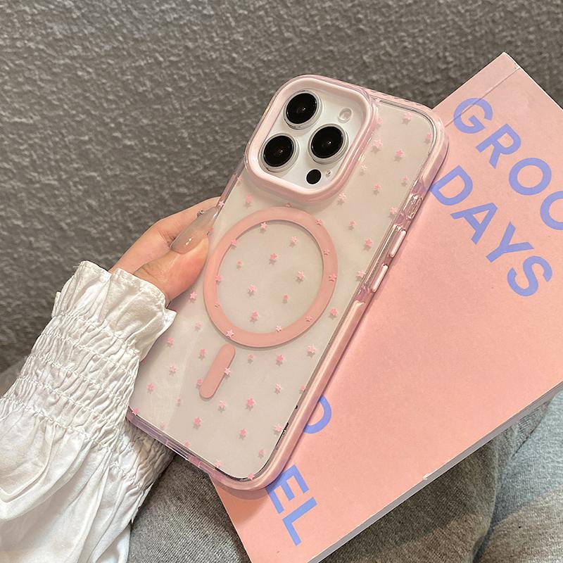 Růžové Hvězdy Magnetický Bezdrátový Nabíjecí Průhledný Měkký TPU Zadní Kryt Pro iPhone 13 14 15 16 17 Pro Max Kompatibilní S Magsafe Pouzdrem