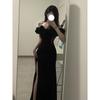 Royal Sister Celebrity One-word Collar Off-the-shoulder Ruffle Edge Tube Top Dress Women's Summer Waist and Thin Split Leg Dress