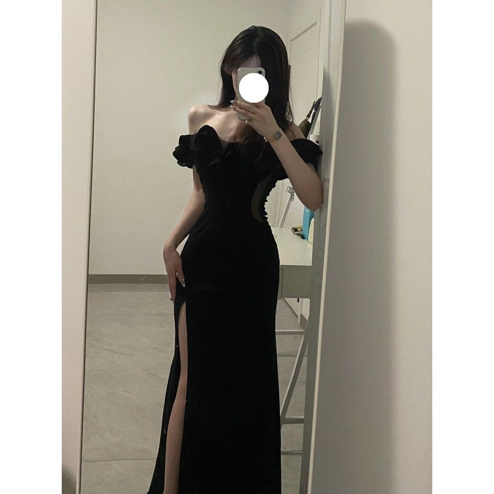 Royal Sister Celebrity One-word Collar Off-the-shoulder Ruffle Edge Tube Top Dress Women's Summer Waist and Thin Split Leg Dress