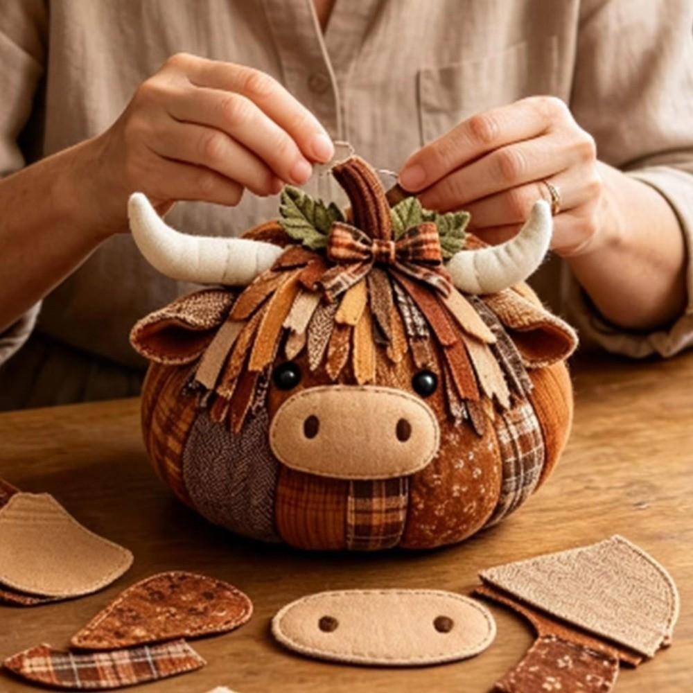 Cow Cat Whimsical Patchwork Pumpkin Fabric Kit Fall Animal Stuffed Patchwork for Hobbyists