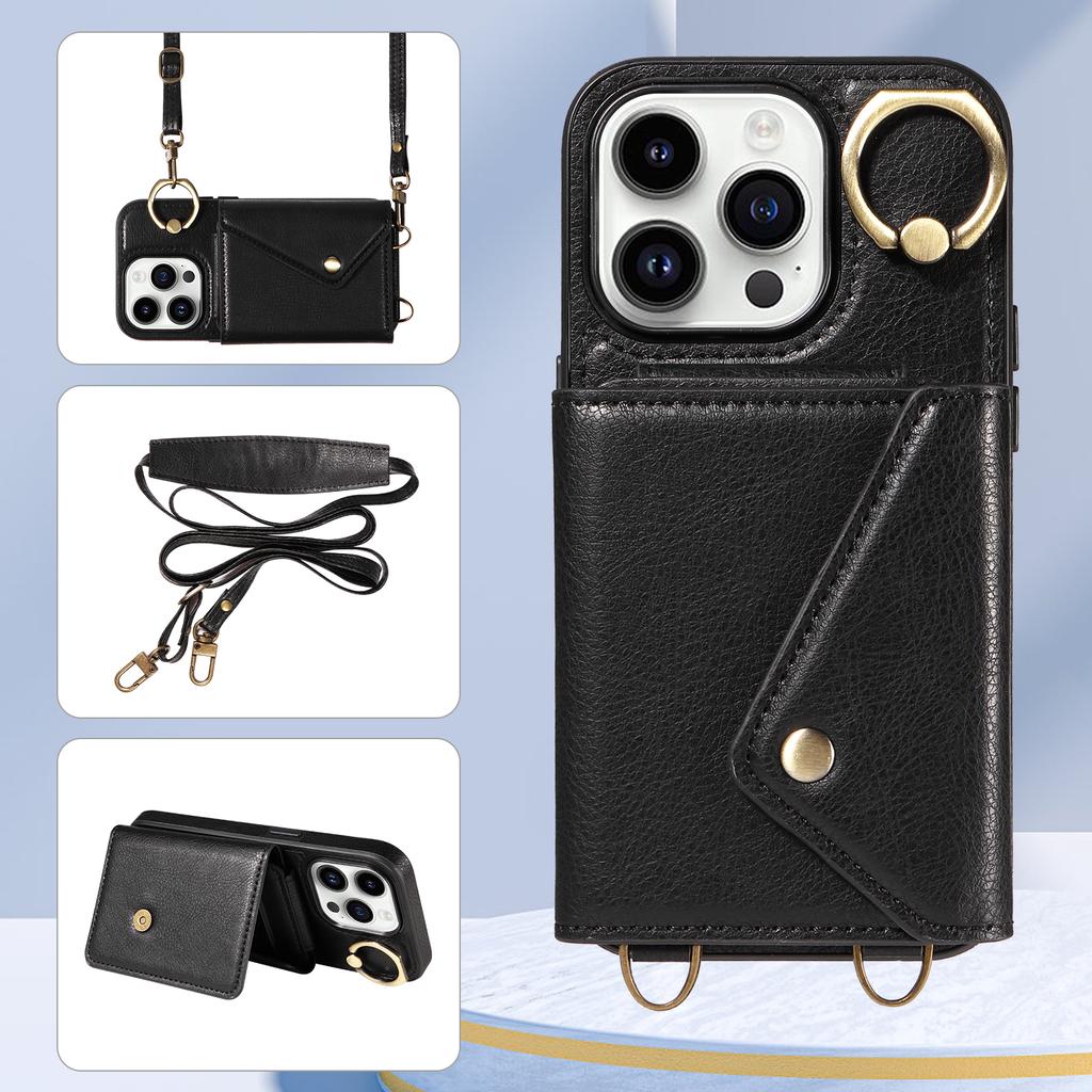 Para iPhone 16 Series.para iPhone 16,16 Plus,16 Pro,16 Pro Max Alça de Ombro Corda Anel Suporte Design Slots para Cartão Padrão Lichee Capa para Telefone