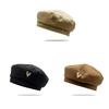 Love Metal Embellished Beret Solid Color Winter Octagonal Hat Outdoor Activities