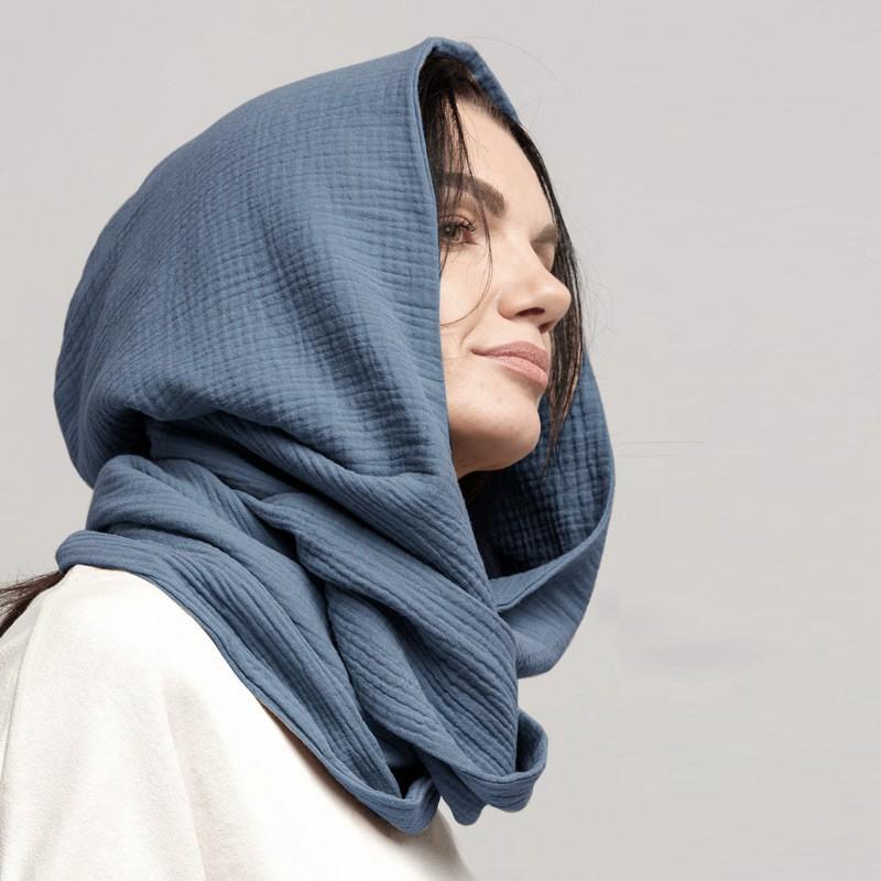 Cotton Crinkle Scarf With Hood Women Men Winter Warm Stylish Neck Wrap Accessory