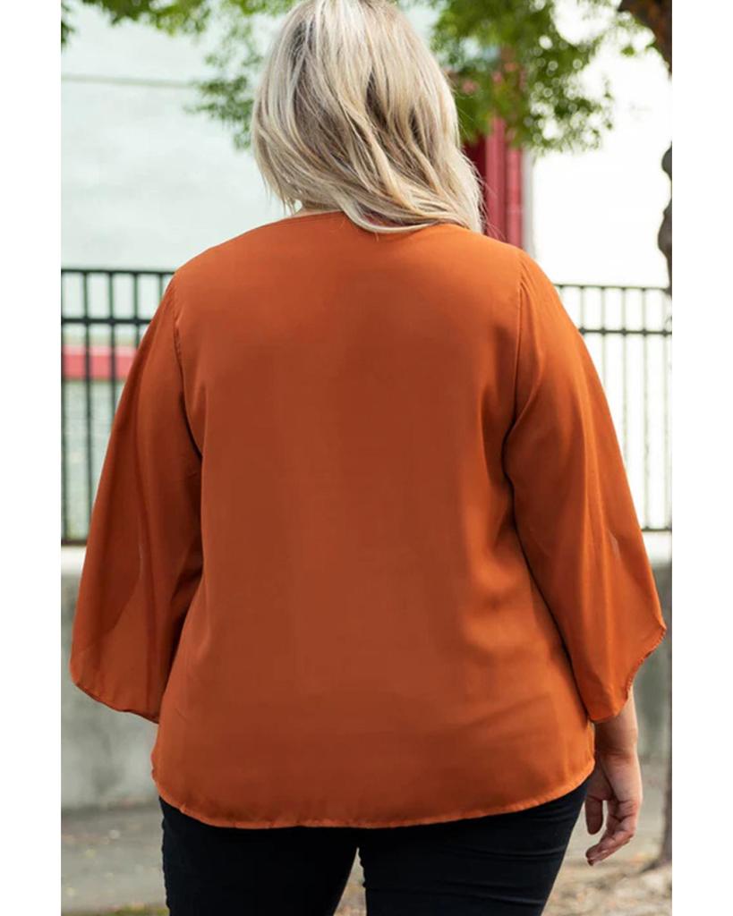 Azura Exchange Goldene Flamme Übergröße Einfarbig Wickelbluse mit Rüschenärmeln und V-Ausschnitt