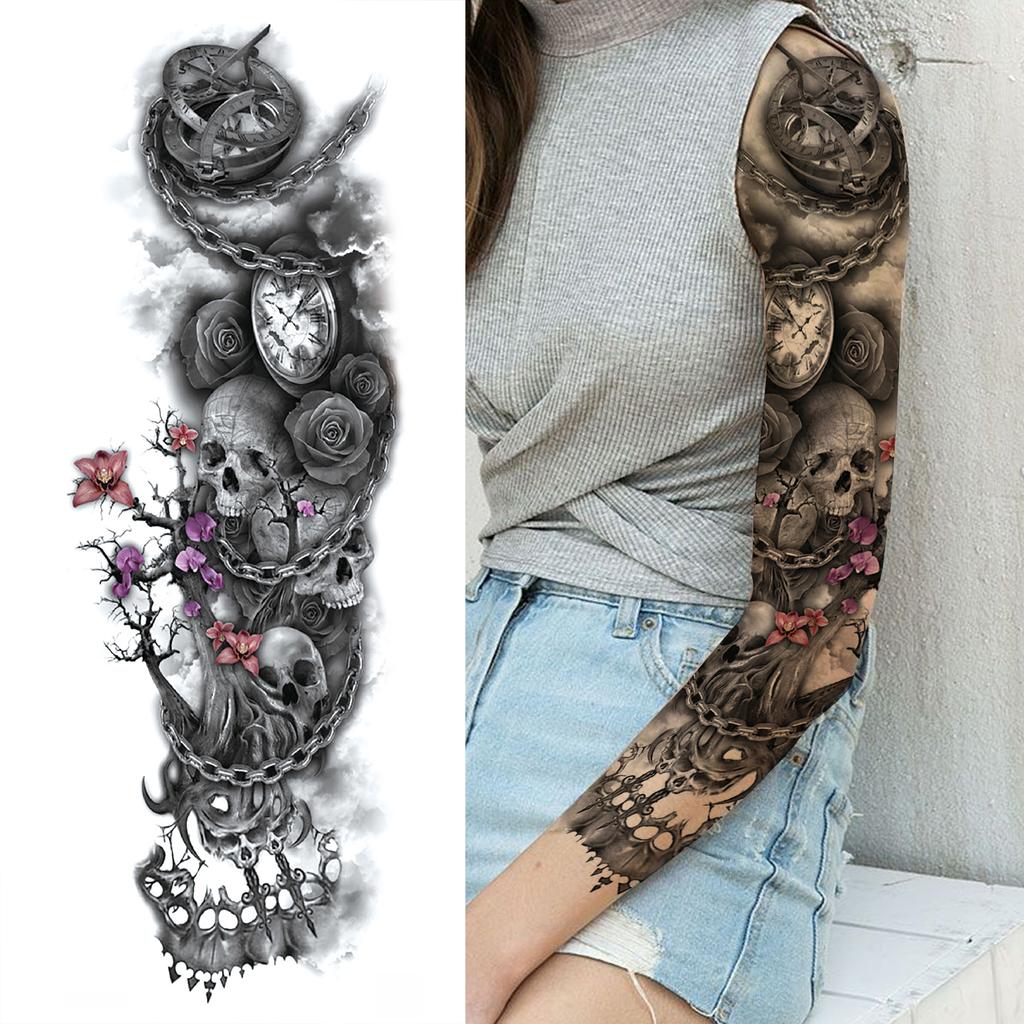 1 Sheet Full Arm Sleeve Temporary Tattoos For Women Girls Fake Flower Compass Peony Rose Tattoo Sticker Sexy Body Art Painting