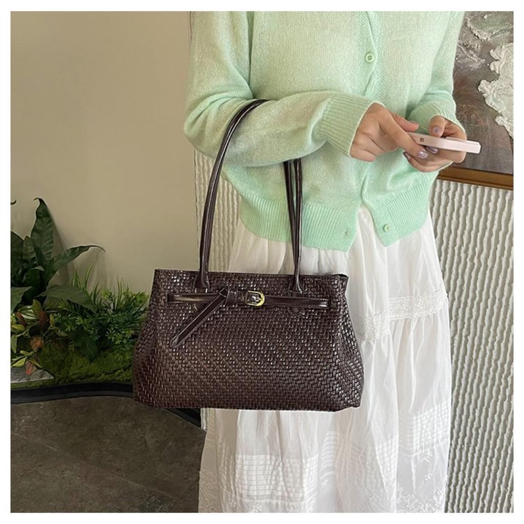 Xeie Thuk Tote Bag Women PU Woven Texture Handheld Shoulder Daily Commute