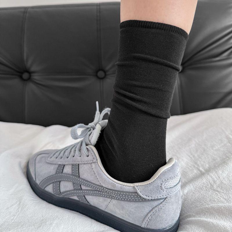 Korean All-In-One Machine Medium Tube Socks Flat Boneless Breathable Cotton Socks Solid Color Socks White Stockings Pile Up Socks Thin