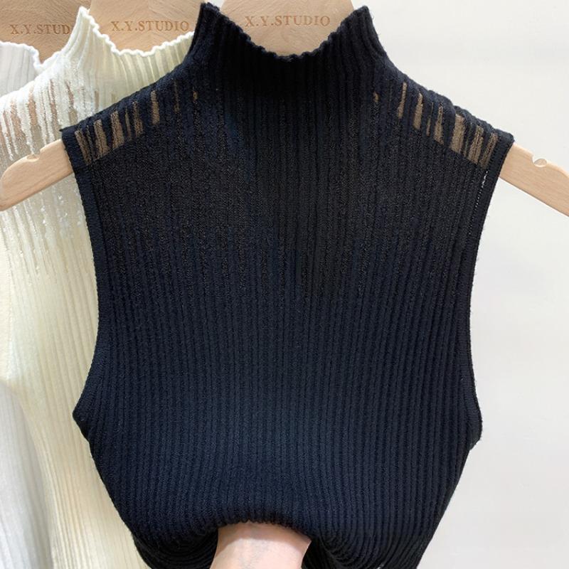 

Модные сетчатые трикотажные повседневные майки без рукавов для женщин, летние элегантные облегающие майки с полувысоким воротником, женские майки, однотонные, простые, одежда 2010 года 26304 One Size чёрный