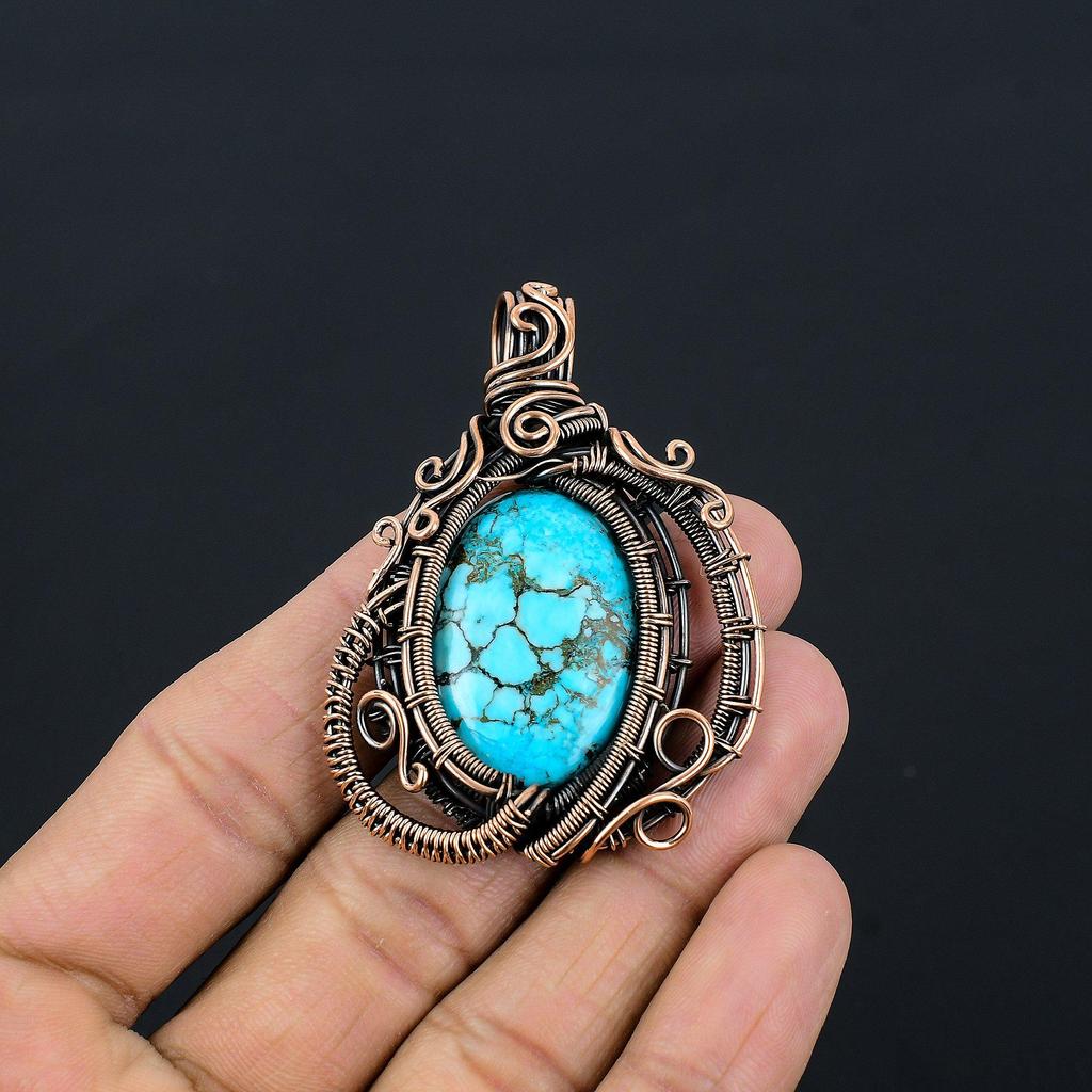 Tibetan Turquoise Pendant, 999 Copper Wire Wrapped Gemstone Jewelry, Handmade Pendant, For Thanksgiving