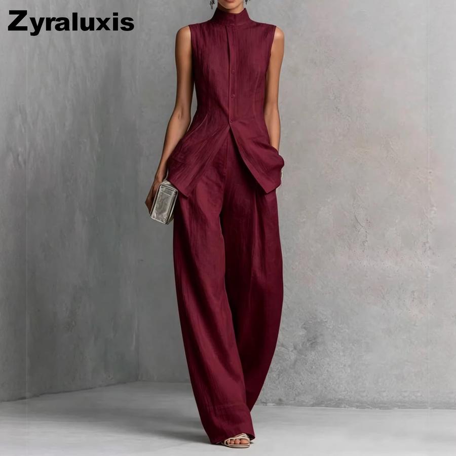 Completo Camicia Lino Cotone Donna Estate Senza Maniche Pantaloni Lunghi Completo