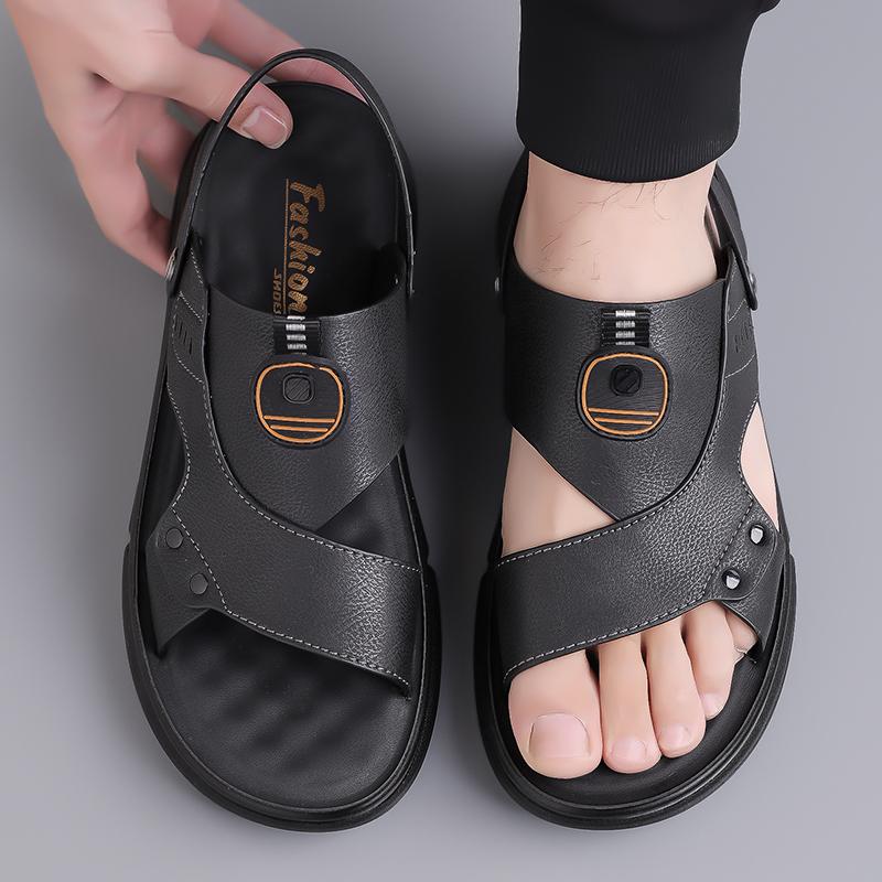 Sandals Men's New Beach Shoes Cowhide Slippers Outdoor Non-slip Thick-soled Leather Sandals for Man Non-slip Cover Toe Fashion C
