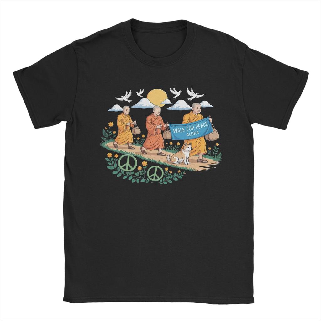 Walk for Peace Aloka Buddhistische Mönche T-Shirts Unisex Damen Baumwolle Cooles T-Shirt Tees Kurzarm Kleidung Geburtstagsgeschenk