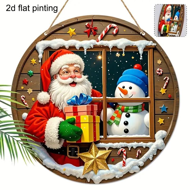 

1pc Santa Claus Window View 2D Wooden Pendant Retro Holiday Tag with Gift Star Craftsmanship Snowman Details Festival Party Deco 20x20cm