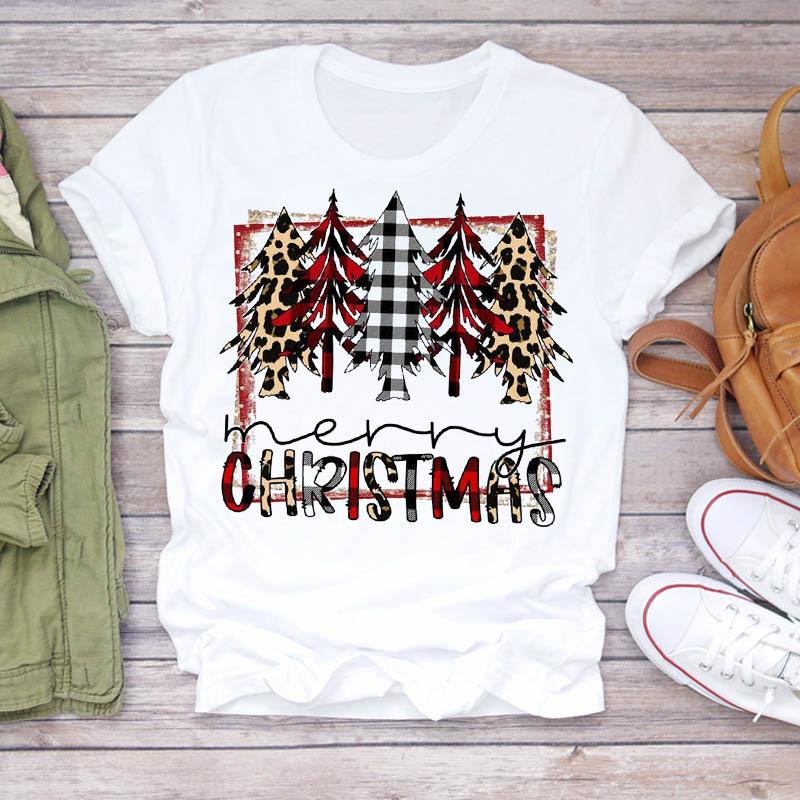 Casual Leopard Merry Christmas Tree Graphics Women T-Shirt 90S Kids Summer Shirts Loose White Female Tops Cute Children Clothes