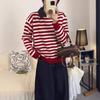 Womens Oversized Knit Sweater With Shirt Collar Color-Block Striped Long Sleeve Pullover Winter Office Wear