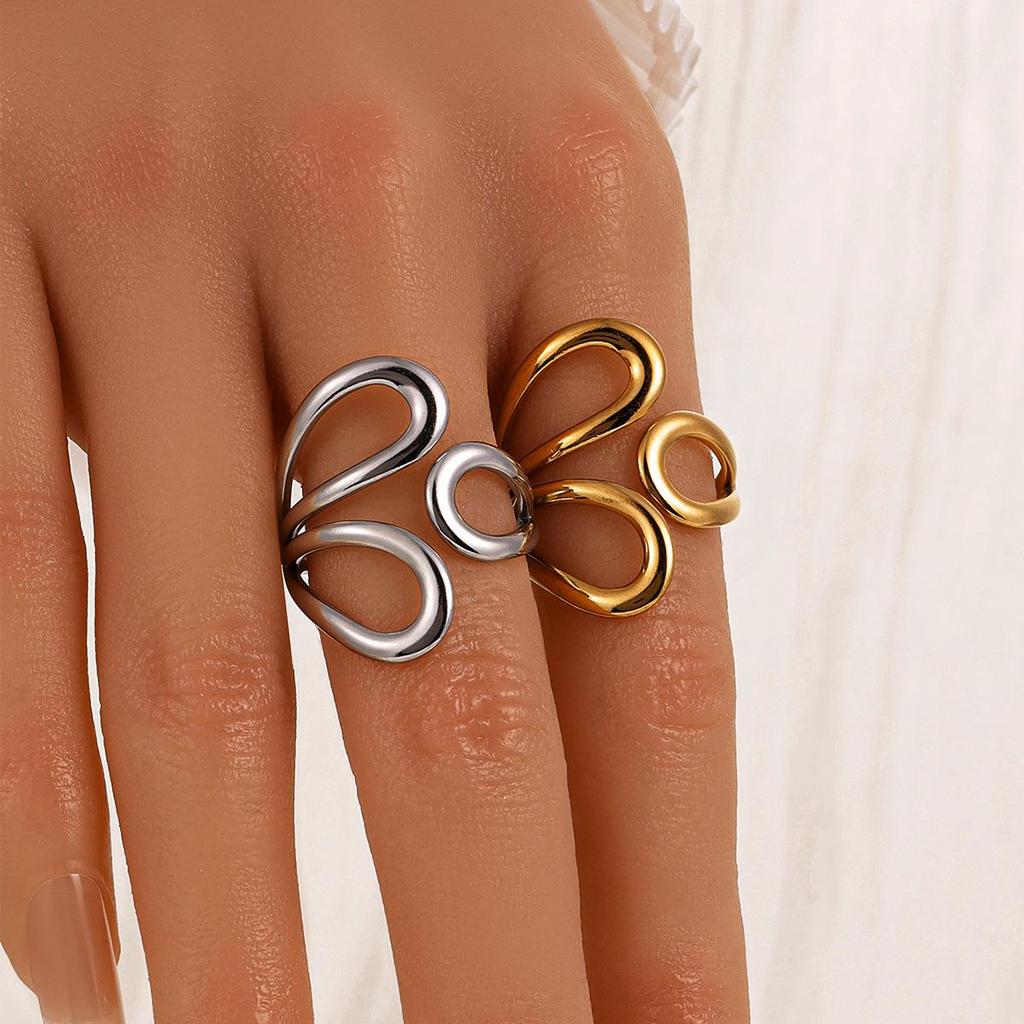 INS Style Hollow Geometric Water Drop Stainless Steel Ring with 18K Gold Vacuum Plating