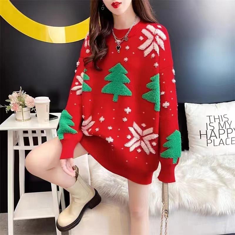 Red Autumn and Winter Knitted New Women's Clothing Deer Jacquard Knitted Sweater Crew Neck Pullover Color Matching Top