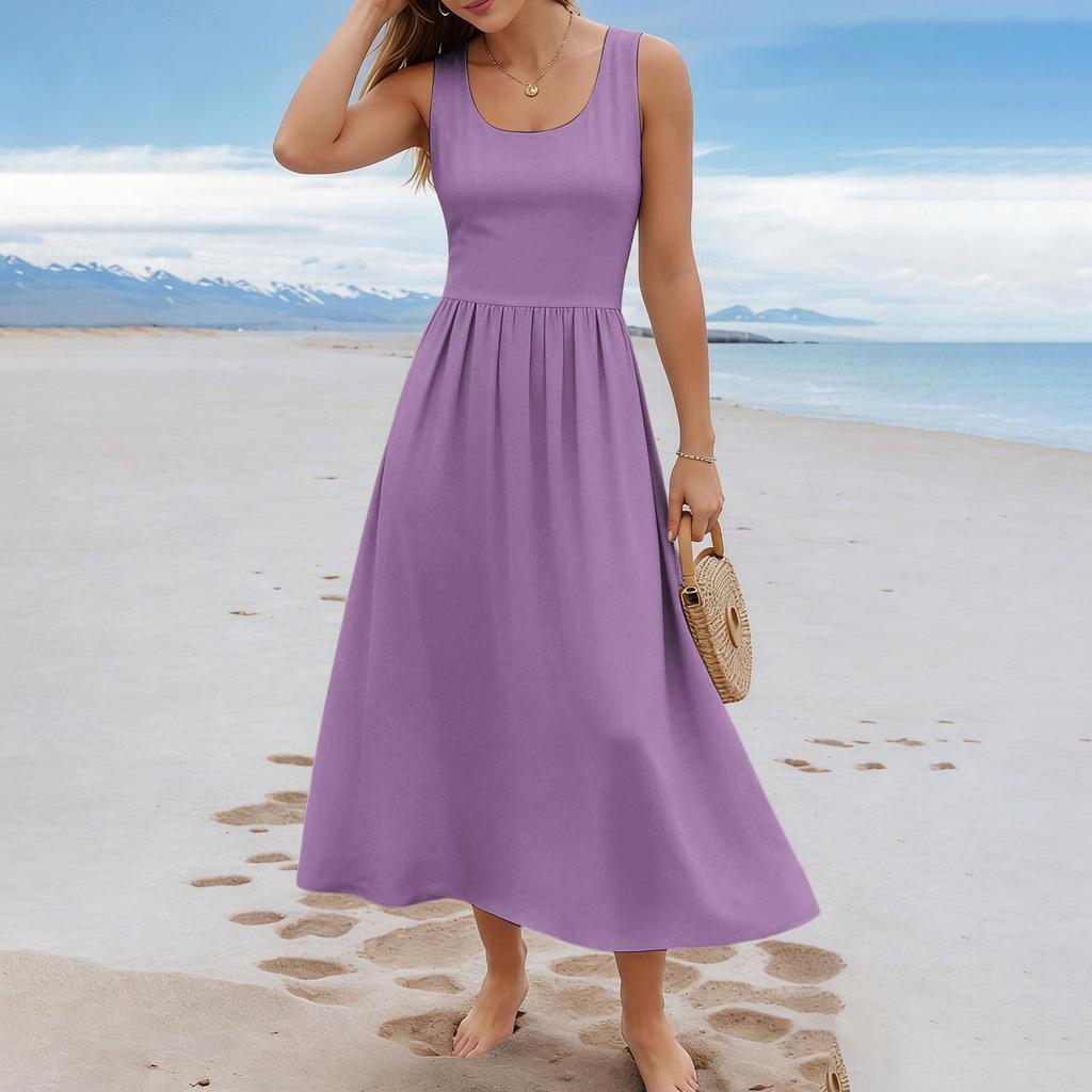 Ärmelloses Langes Freizeitkleid für Damen Sommer Einfarbig Einfach Entspannte Passform Maxikleid für den Alltag Urlaub Büro