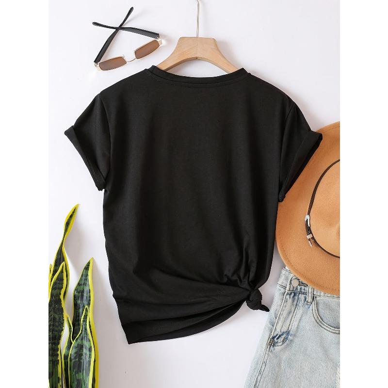 Women Heart Letter Print T-Shirt Round Neck Loose Fit Short Sleeve Spring Summer Casual Top
