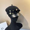 High Quality Wool Blend Octagonal Hat Versatile Face-Slim Handmade Button Brim Casual Stylish Navy Women