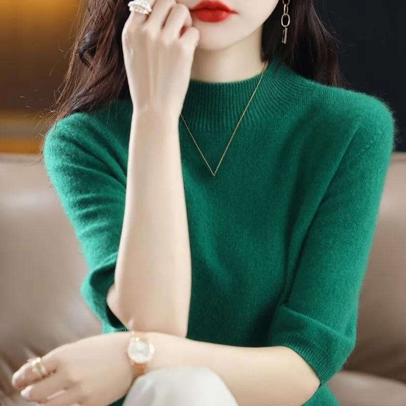 Order A Size Up,Spring/Summer Short Sleeve Sweater Women's Half Turtleneck Short Loose Half Sleeve T-Shirt Versatile Knitted Bottoming Shirt