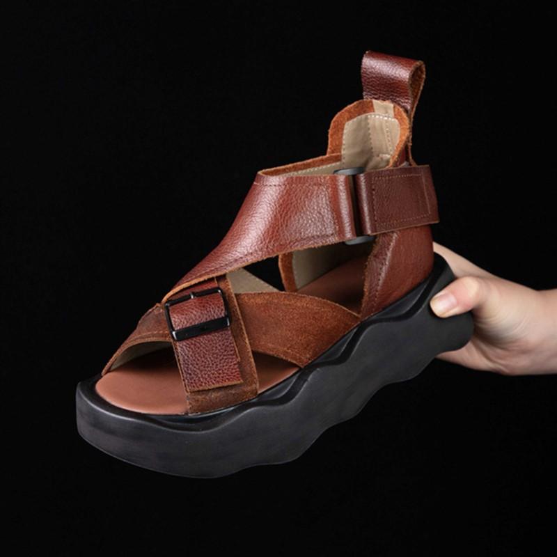 Johnature Genuine Leather Flat Platform Sandals Vintage Peep Toe Thick Soled Women's Shoes