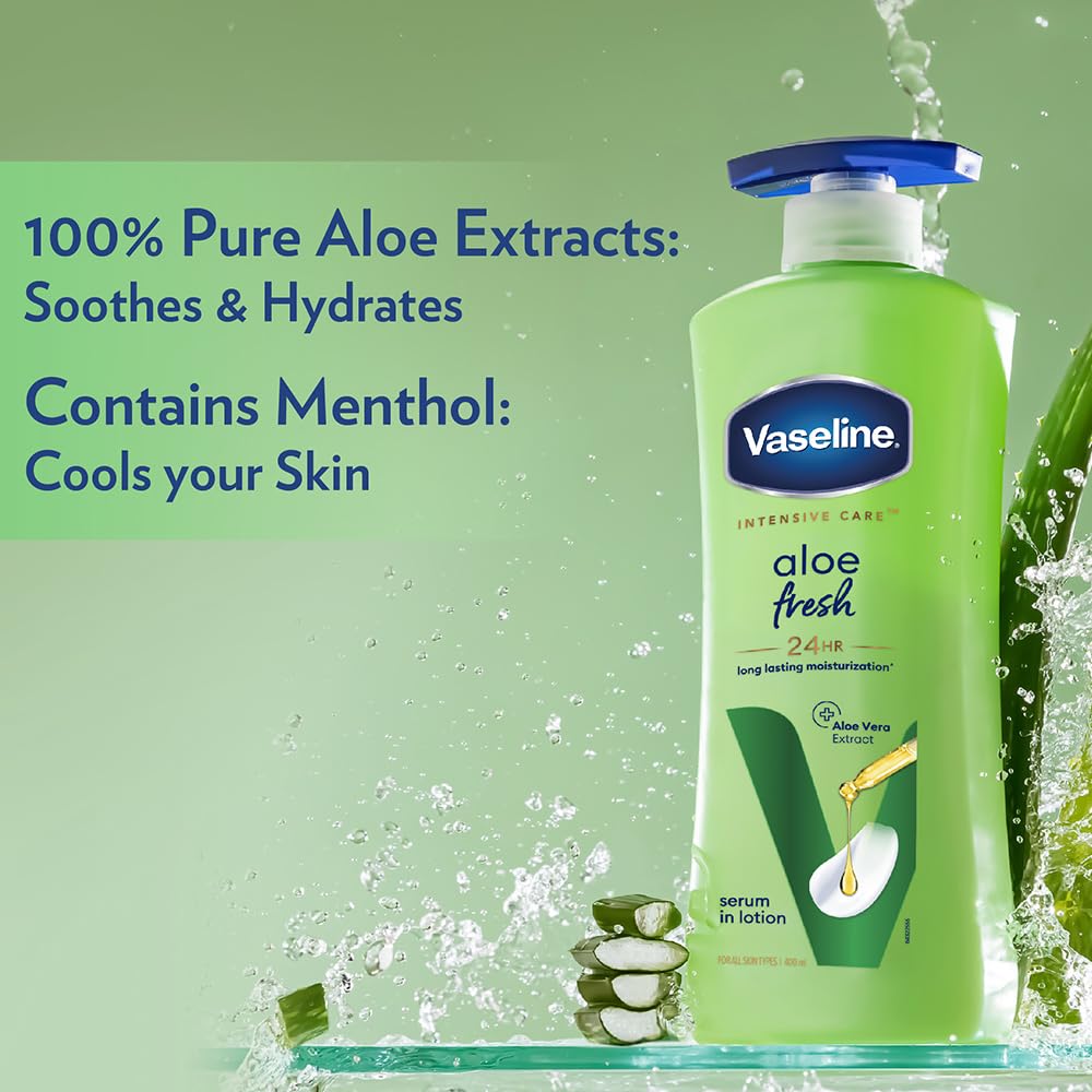 Vaseline Aloe Fresh Body Lotion 400ml Pack of 1 24HR Hydration Non-Sticky Lightweight Skin Moisturiser