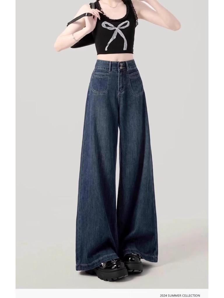 Plus Size Women's Retro Fleece-Lined Jeans: Loose High-Waisted Slimming Straight-Wide Leg Pants for Autumn/Winter 2024