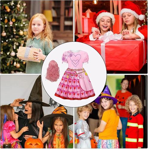 Girls' 4-piece Costume Set, Pink Dress With Pink Wig, Hall
