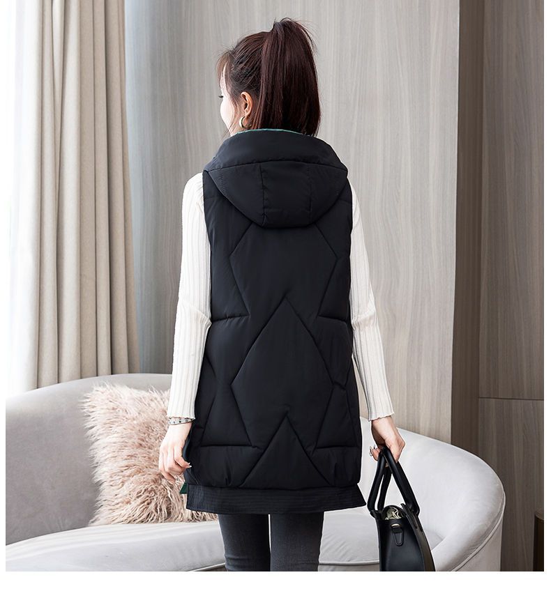 Autumn and Winter Women's Solid Color Hooded Warm and Windproof Mid-length Women's Sleeveless Jacket 9 Colors