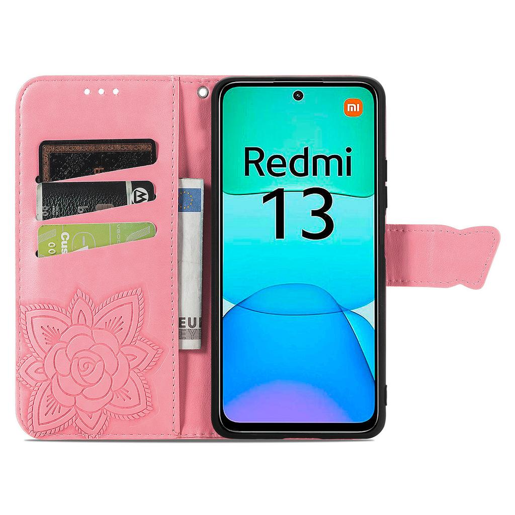 For Xiaomi Redmi 13 5G/13 4G Case Stand PU Leather Phone Cover Butterfly and Flower Imprinted