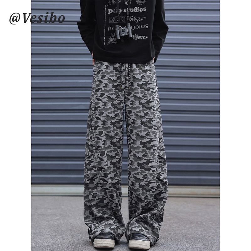 American Retro Camouflage Casual Pants for Men, Spring High Street Wide-Leg Scimitar Pants, Trendy Brand Pleated Drape Floor-Length Pants