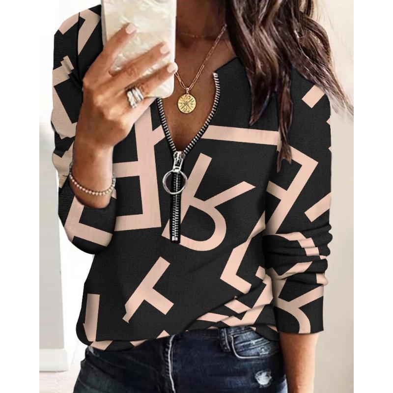 Camicetta da Donna Stampa Lettere Facciali Zip Manica Lunga Casual Felpe con Cappuccio per Donna Felpe Grafiche Magliette Top