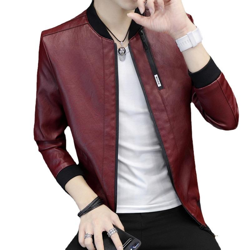 Men's Leather Jacket Men's Spring and Autumn Korean Version Slim Fit Trend Handsome Baseball Collar Locomotive Pu Leather Jacket Men
