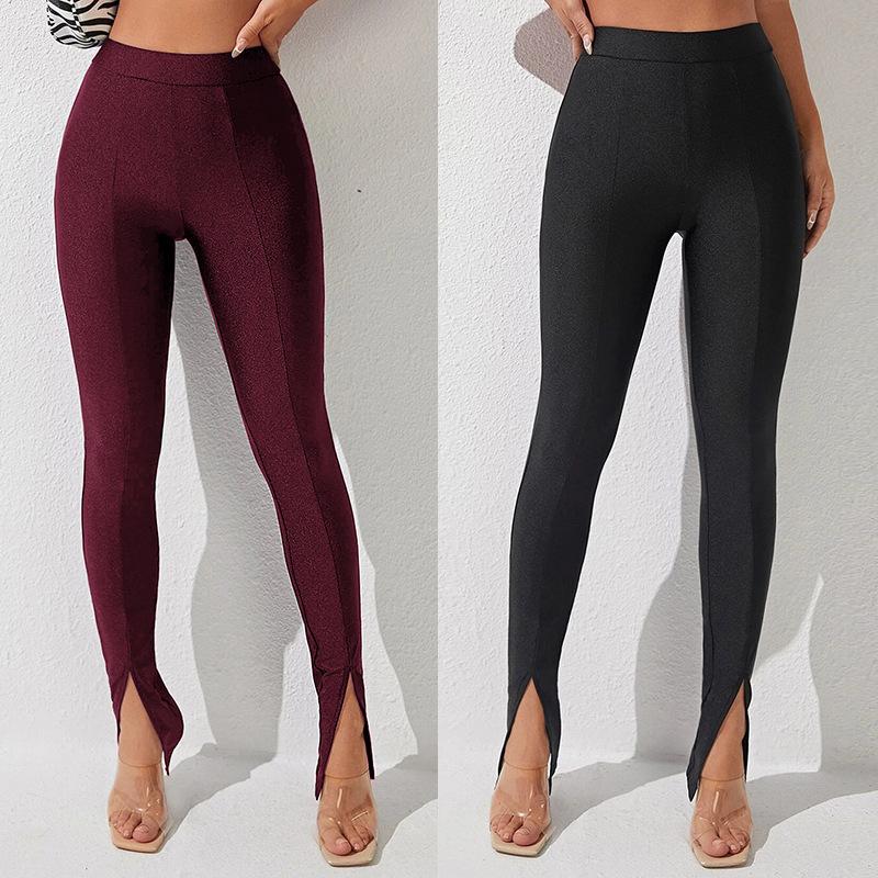 Dámské úzké kalhoty s otevřeným rozparkem a mikro rozšířenými nohavicemi, módní jednobarevné kalhoty