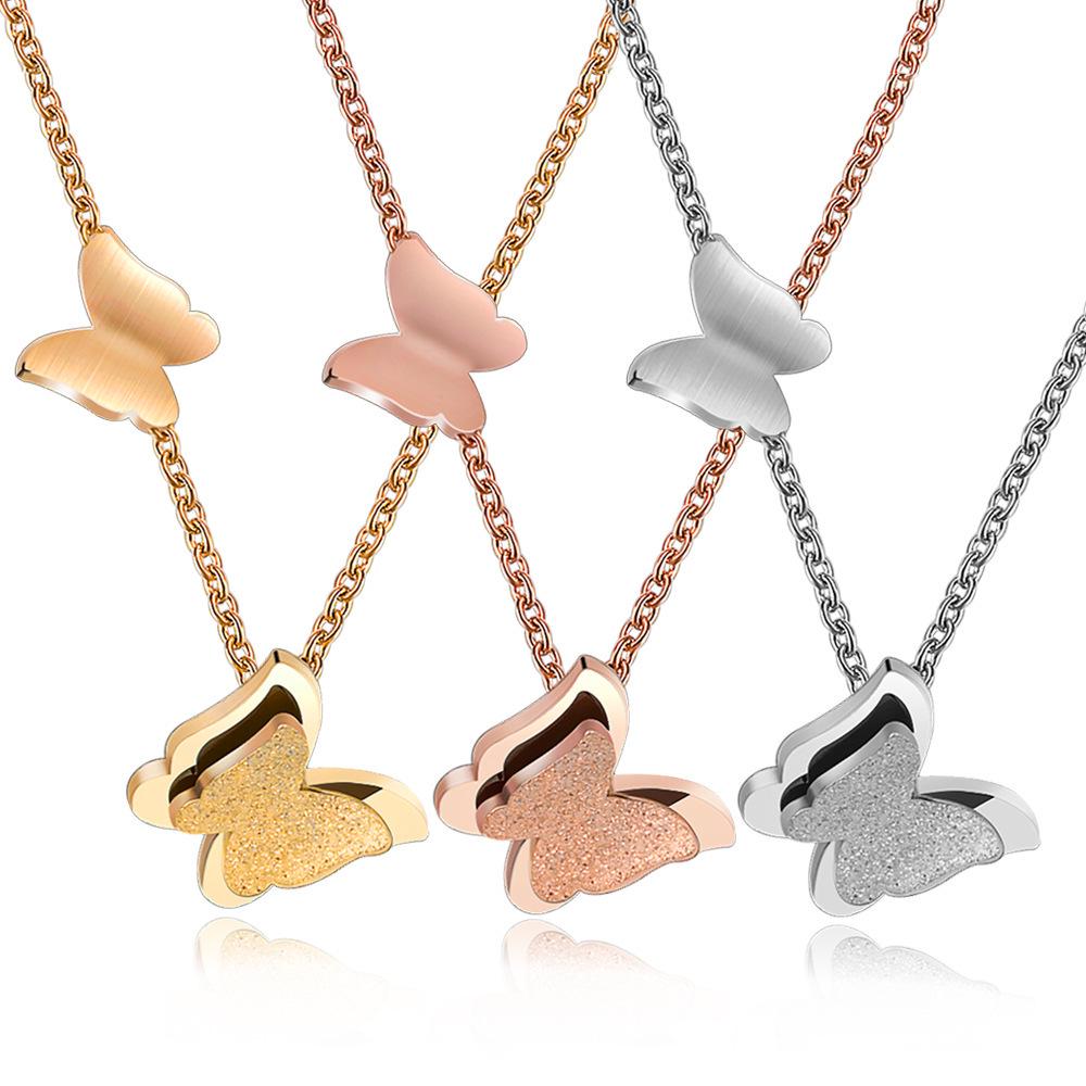 Stainless Steel Double Layer Frosted Butterfly Necklace