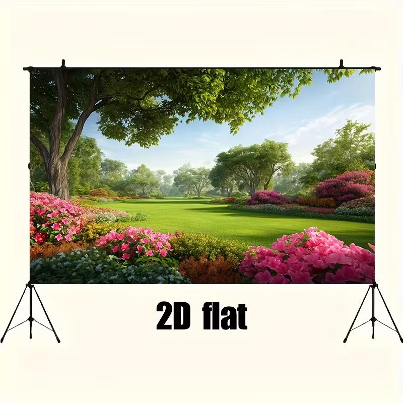 2D Vibrant Spring Park Backdrop Green Trees & Pink Azaleas Photo Background