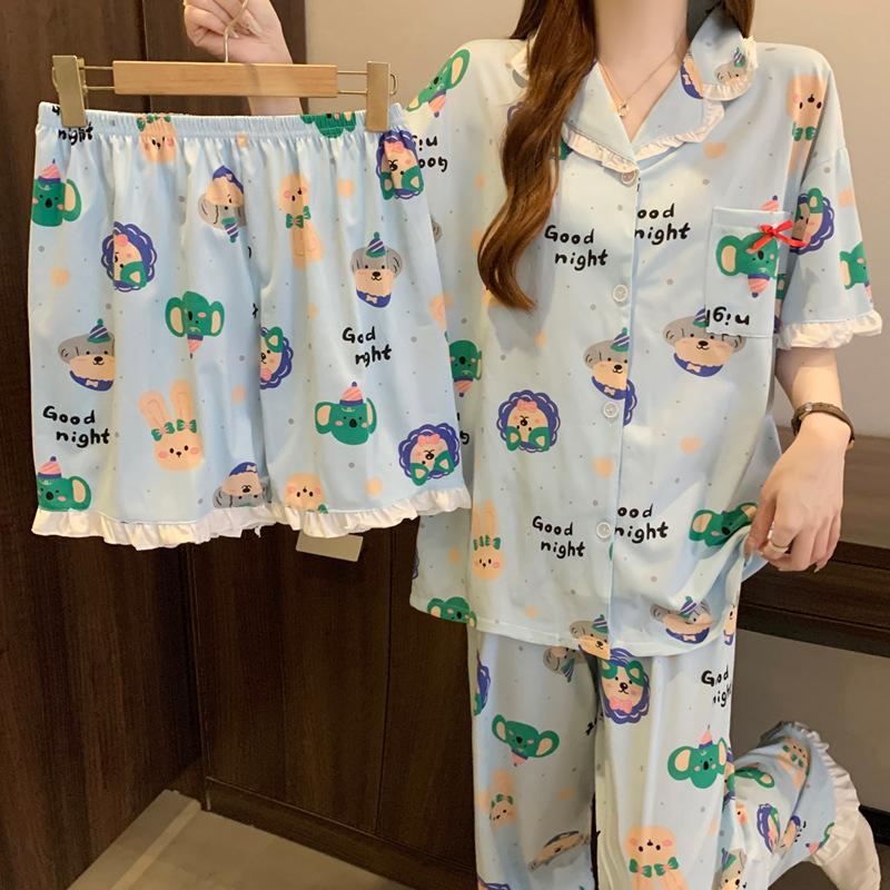 Cute cute pet party pajamas women's summer imitation cotton short-sleeved three-piece cartoon thin loungewear can be worn outside
