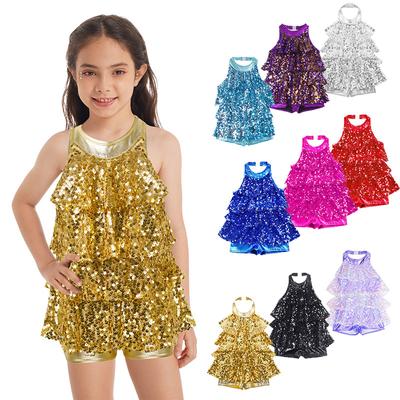 Tanzbekleidung für Kinder Mädchen Neckholder Glänzende Pailletten Jazz Dance Kostüm Shorty Unitard Kleid Bühnenauftritt