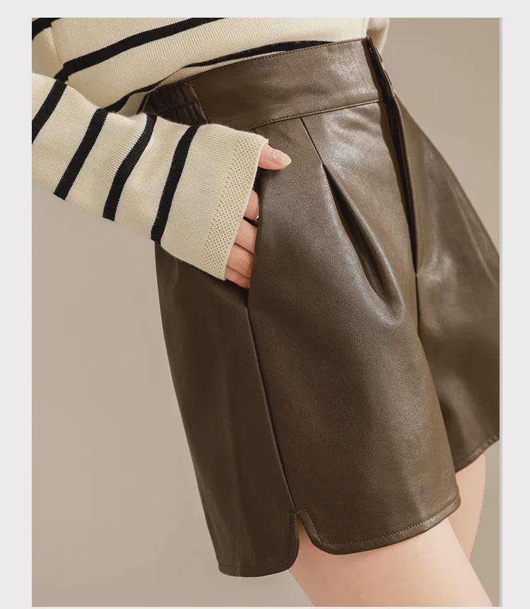 Braune PU-Ledershorts mit hoher Taille in A-Linie für Damen, Herbst/Winter 2025, Slim Fit, lässige Oberbekleidung mit weitem Bein.