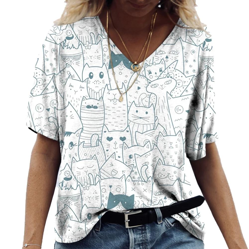 Camiseta de Mujer Gatito Anime Pintura Estampado Chica Ropa Blusa Cuello en V Harajuku Jersey Tops Verano Oversize Manga Corta Camisetas
