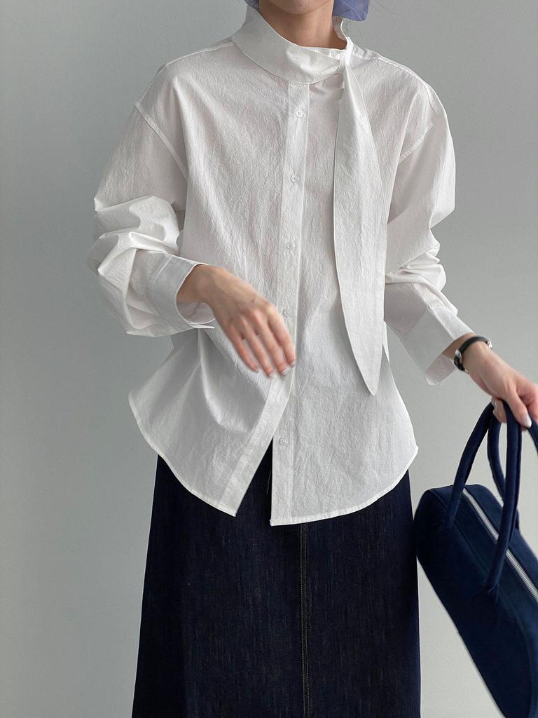 Women's French Retro 100% Cotton Ribbon Shirt - Simple, Loose, Solid Color