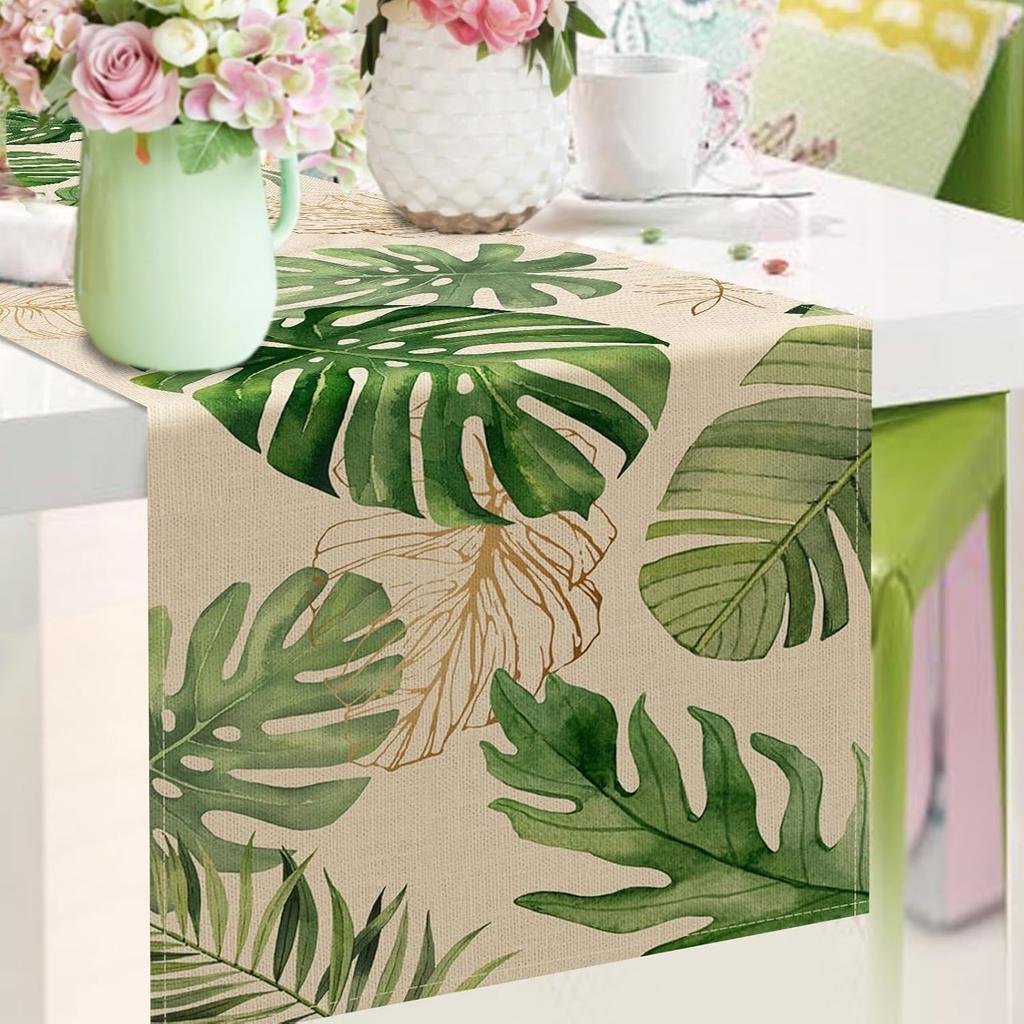 Seliem Summer Palm Leaves Tropical Greenery Table Runner, Monstera Home Kitchen Dining Plant Decor, Spring Seasonal Decorations Indoor Outdoor Hawaii