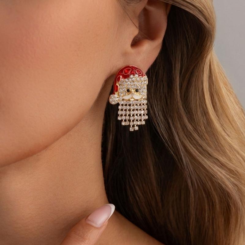 Santa Dangle Earrings for Christmas Outfits, Gold Tone Holiday Statement Pair with Bright Finish for Festive Gatherings